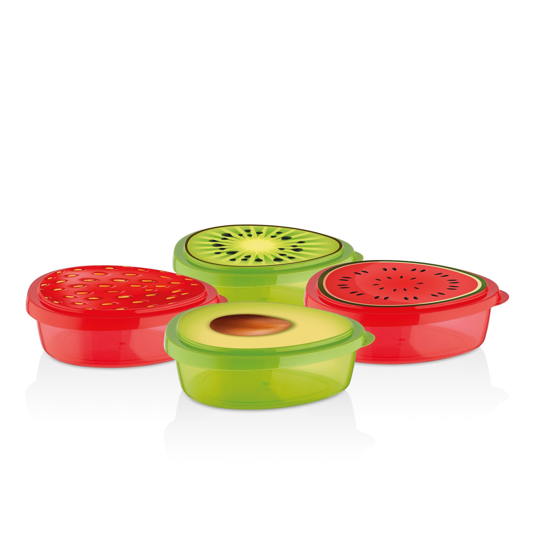 Contenedores de almacenamiento de alimentos con temática de frutas, juego de 4 piezas de plástico sin BPA, diseños de aguacate, kiwi, sandía y fresa, cajas a prueba de fugas de 800 ml para aperitivos,