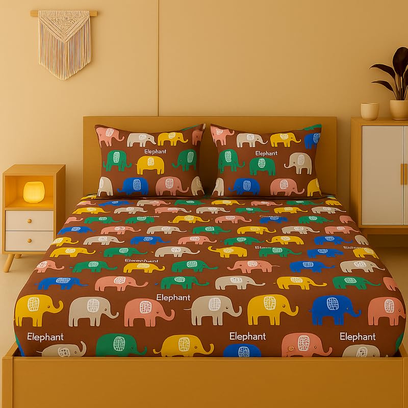 Image of NEW LEAF 320 TC Cotton All Around Elastic Fitted Printed Bedsheets King Size, Premium Fitted Bedsheets King Size for Double Bed with 2 Pillow Covers, Size- 78 inch x 72 inch Brown Elephant