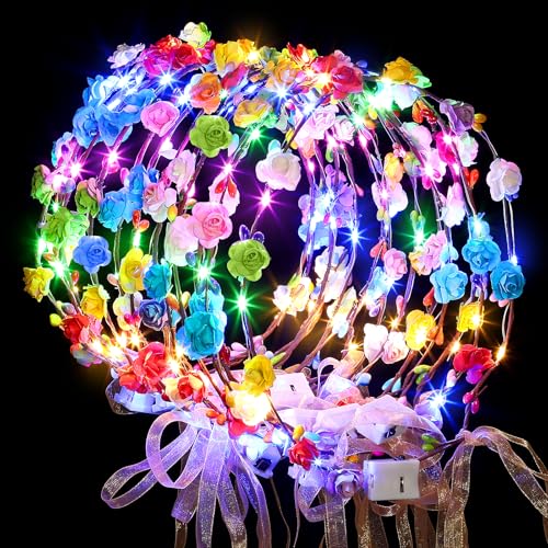 Chicloop 50 PCS LED Flower Crowns Headbands with Ribbons Light Up Flower Headband for Women Glow in the Dark Party Supplies for Wedding Birthday Party