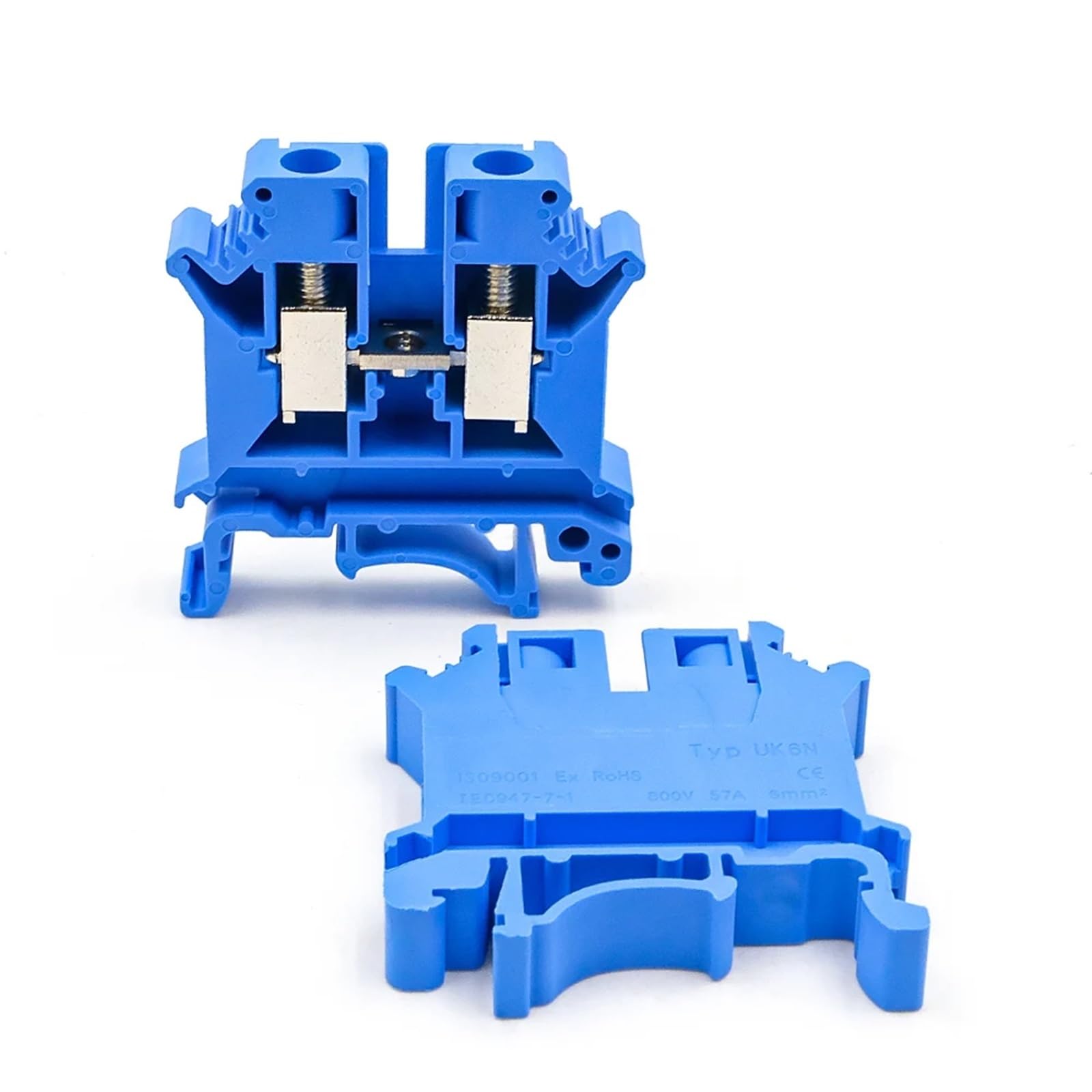 10Pcs UK 6N DIN Rail Terminal Block High Current 57A Screw Connection Electrical Conductor(UK-6N-10PCS-BLUE)