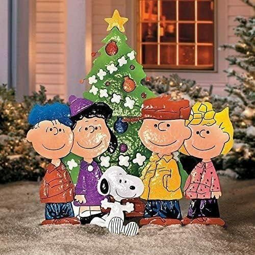 TisYourSeason Peanuts Gang Around The Tree Christmas Yard Art Outdoor Christmas Decor Hammered Metal (36'' Peanuts Gang Around The Tree), Multi