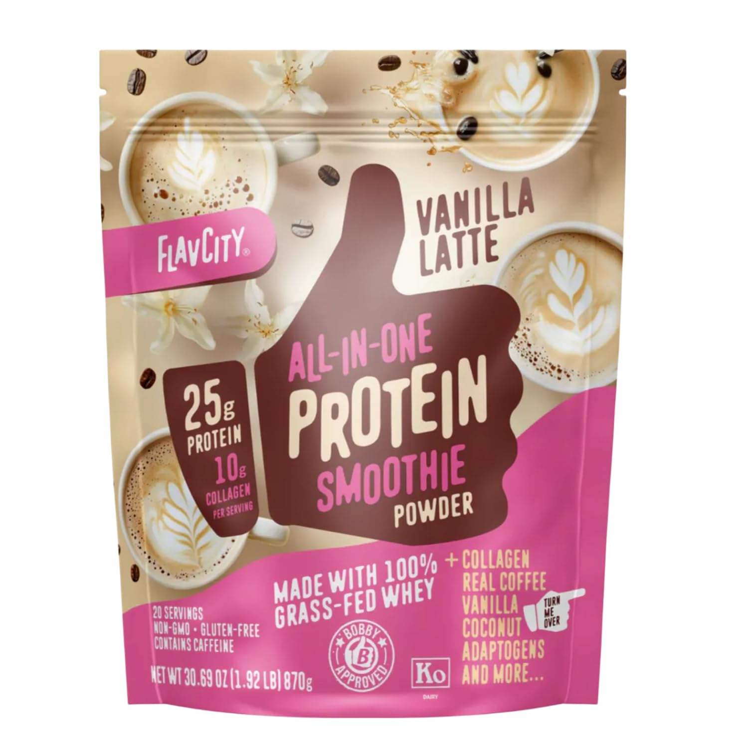 Grass Fed Whey Protein Powder - Vanilla Latte - 25g Protein, 10g Collagen & 60mg of Caffeine - Made with Real Vanilla Bean & Organic Coconut - Gluten Free & No Added Sugars (20 Servings)