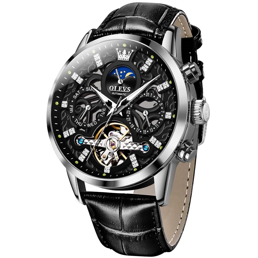 Men Skeleton Watch Automatic Designer Luxury Mechanical Wrist Watches Brown Leather Dress Casual Moon Phase Luminous Waterproof