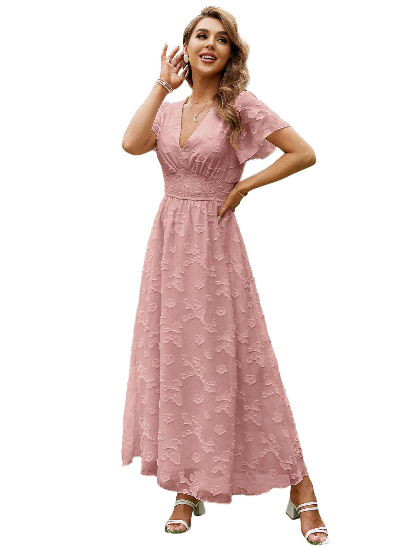 Simplee Women's Boho Floral Maxi Dress Flowy Casual V Neck Short Sleeve Wedding Guest Holiday Beach Long Dress