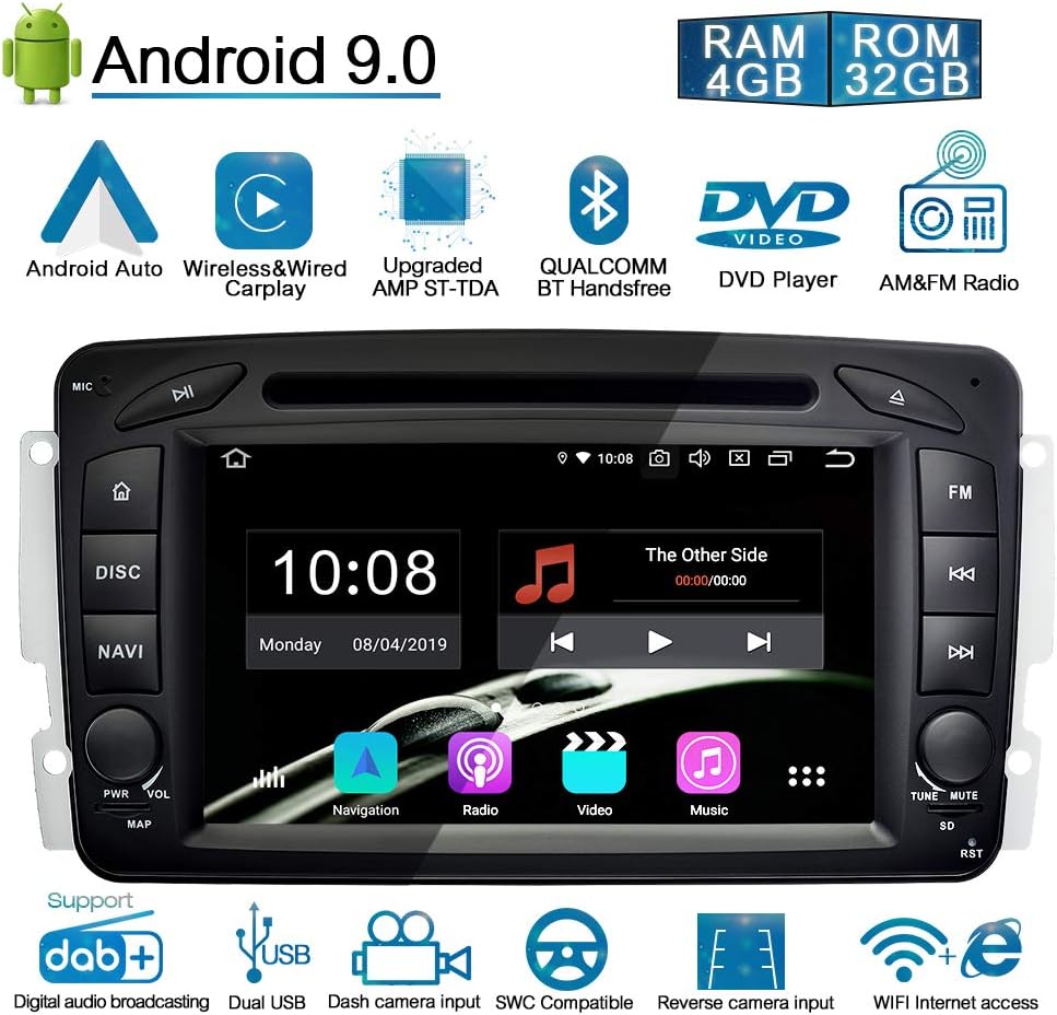 Ohok Android 9.0 GPS Radio for Mercedes-Benz W203/Clk-C209 W209/Viano/Vito/W168 Octa Core 4G+32G Sat Nav DVD Player 2 Din Head Unit Support Bluetooth,Carplay,Android Auto,WIFI,DAB+,SWC,7" Touch Screen