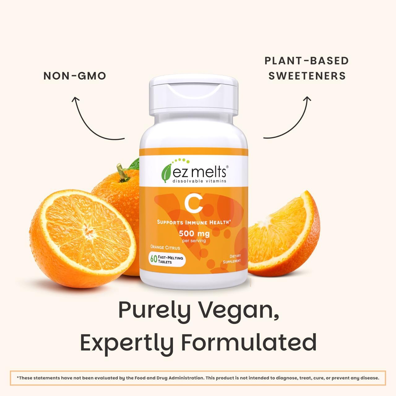 EZ Melts Vitamin C - Daily Vitamin for Antioxidant & Immune Support - No Artificial Flavors - Non-GMO & Sugar-Free - Orange Citrus - 120 Dissolvable Tablets (60 Servings)