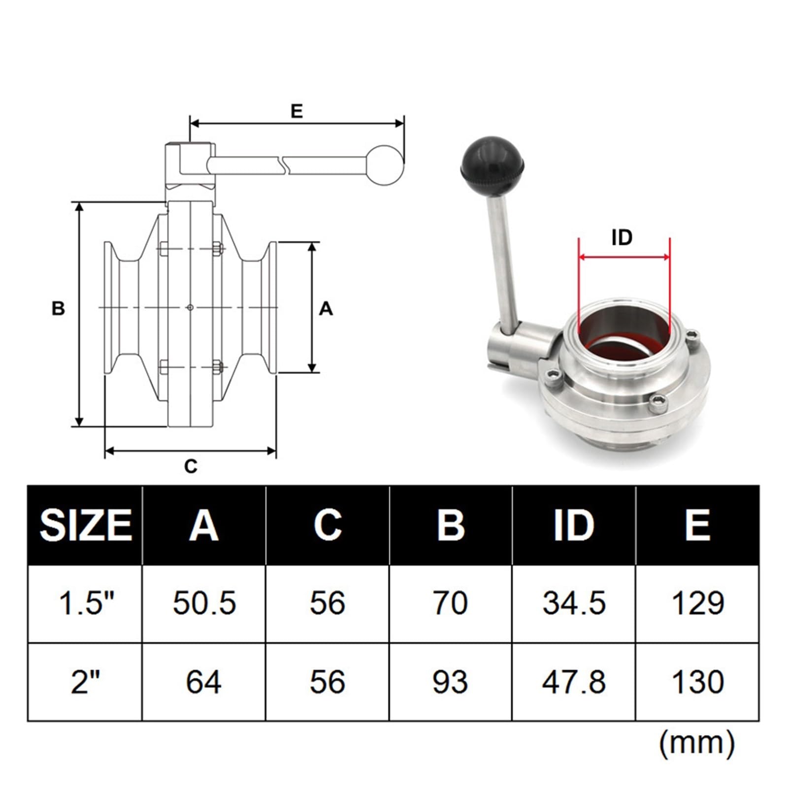 Zawór Motylkowy 1,5 "2 I Quot 38 51 Mm SS304 Sanitarny Potrójny Zacisk Ze Stali Nierdzewnej Produkt Mleczny 50, 64 Szczelny I OszczęDzająCy Wodę(2 inch)