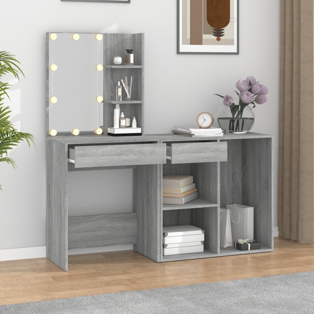 LED-Schminktisch Mit Schrank Grau Holzwerkstoff | Mit Spiegel, USB-Licht Warm-Kaltweiss, Stauraum, Make-up Tisch