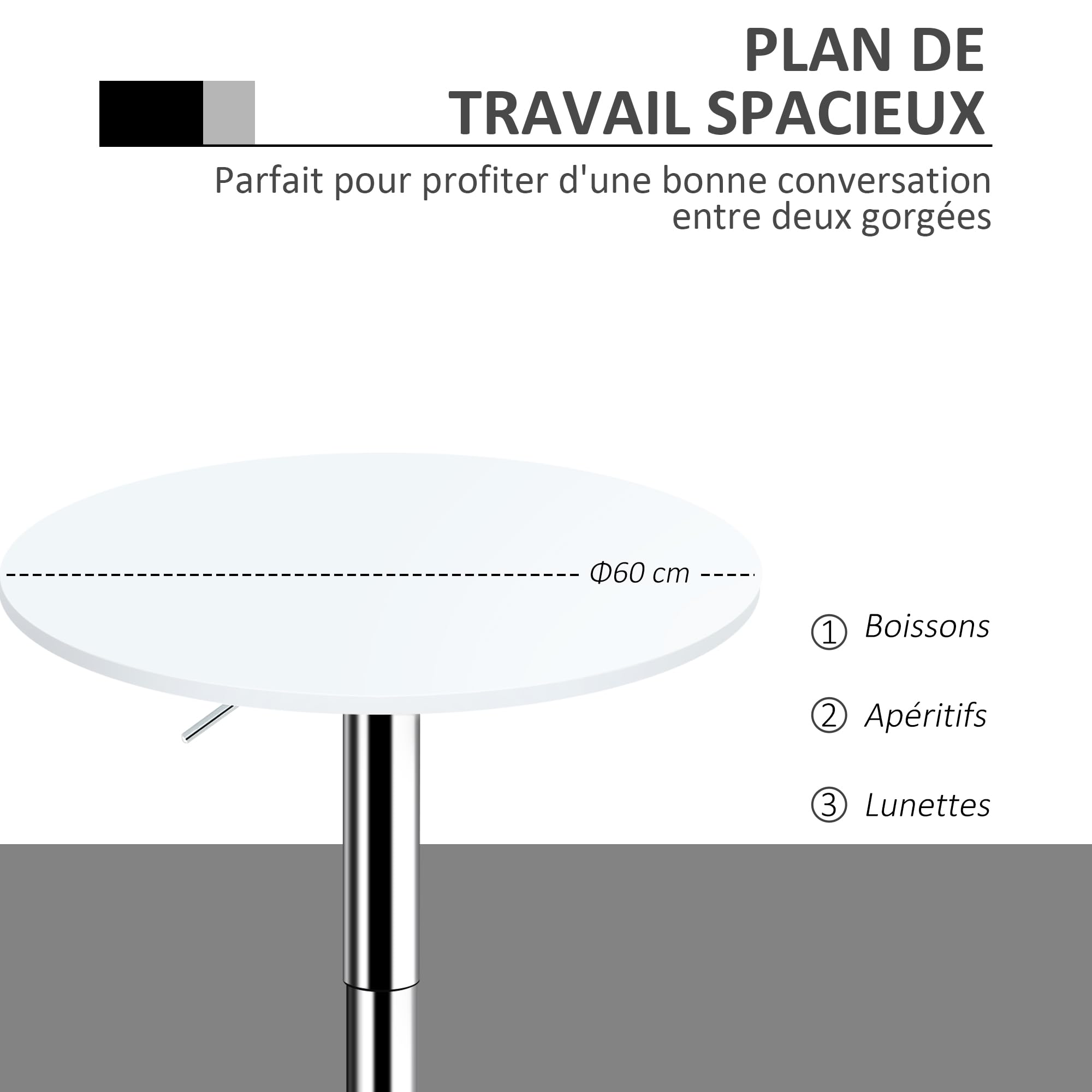HOMCOM Table de Bar Ronde Mange-Debout Hauteur Réglable 69-93 cm Blanc | Table de Bistro Haute, Base en Métal, Plateau Pivotant en Bois