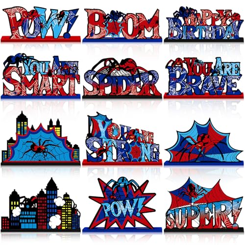 Image of Yuntau 12 Pcs Spider Bithday Party Decoraions Spider Wooden Table Decorations Red and Blue Pattem Design Happy Birthday Table Centerpiece Sign for Boy Cartoon Party Supplies