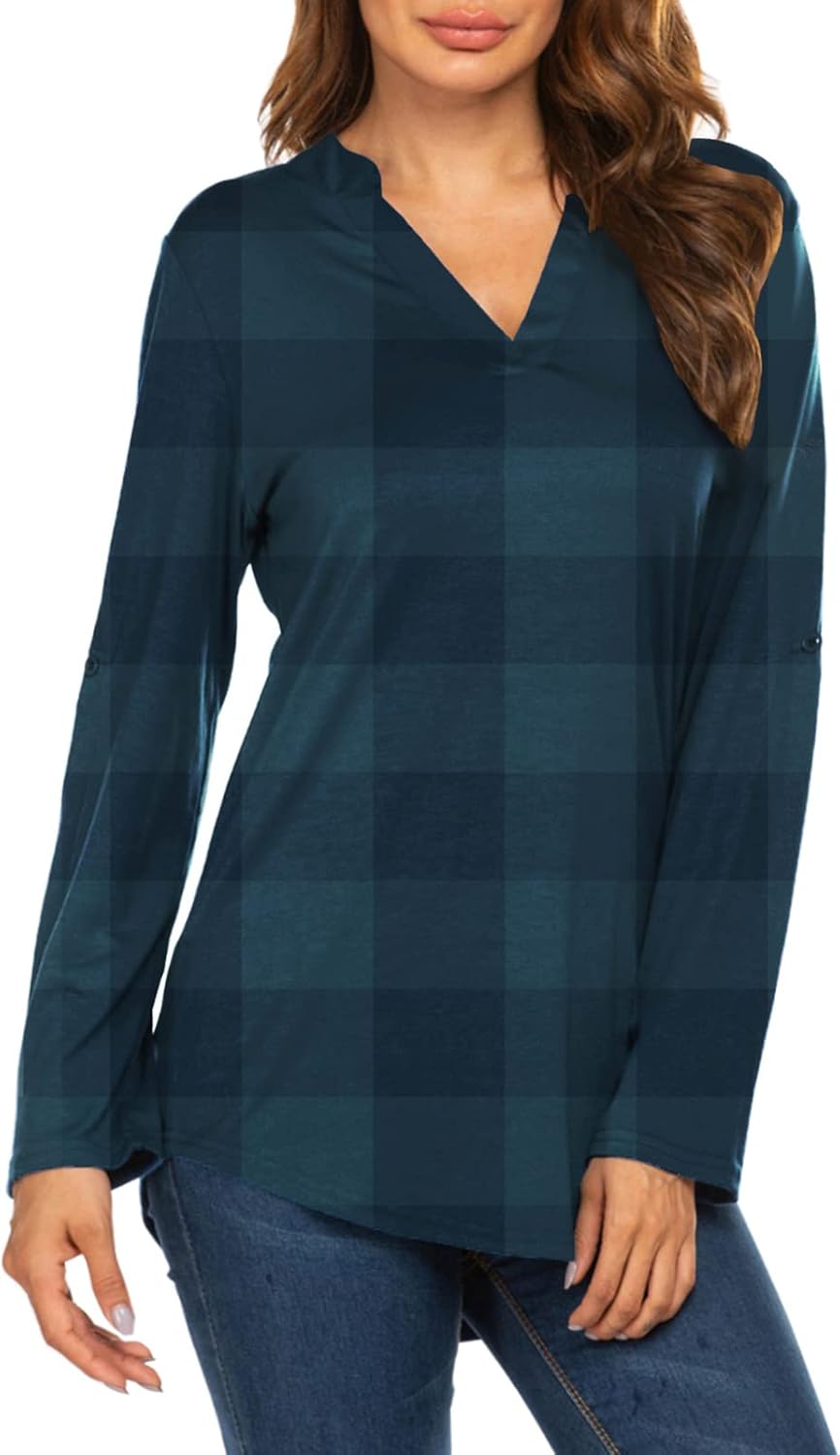 Halife Women's Roll Up 3/4 Sleeve Floral Print V Neck Tunic Blouses Tops Shirts - Image 2