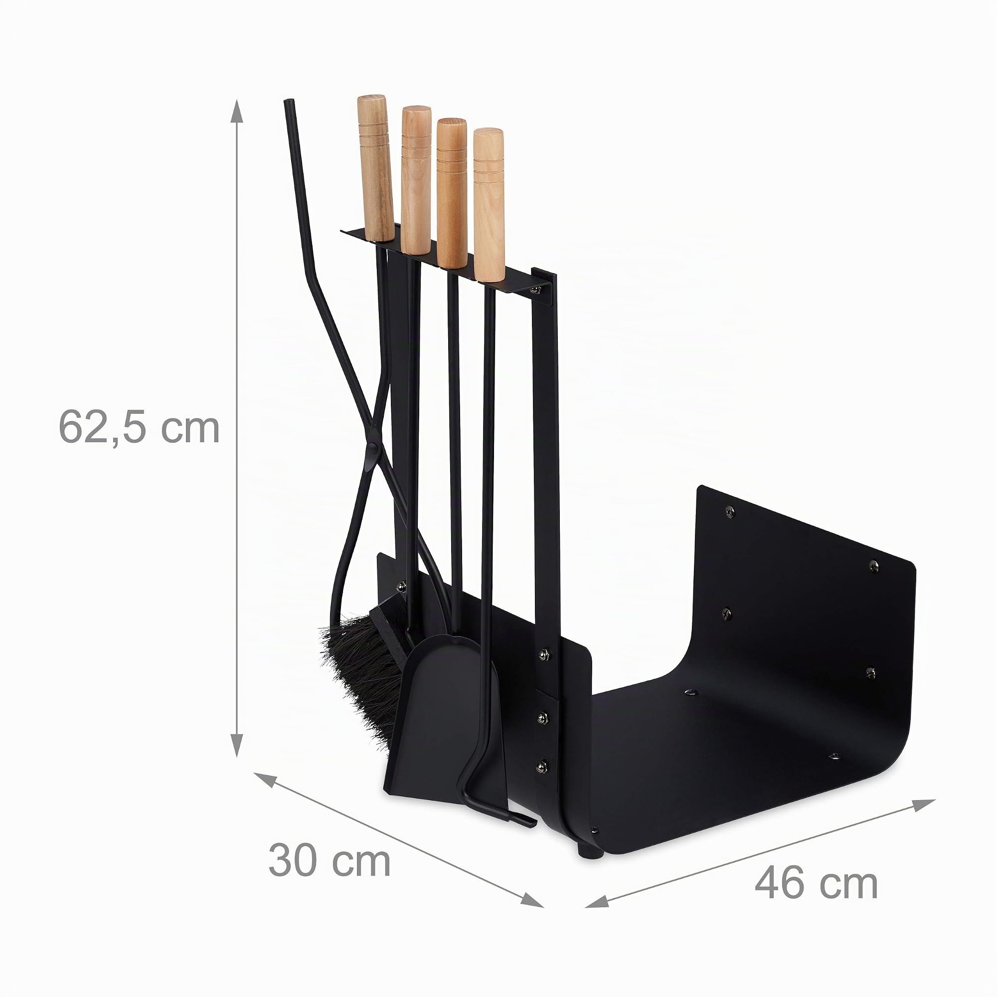 Relaxdays Leñero Metálico, Set Accesorios Chimenea, Pala, Escobilla, Tenazas y Atizador, Estantería Leña Interior, Negro
