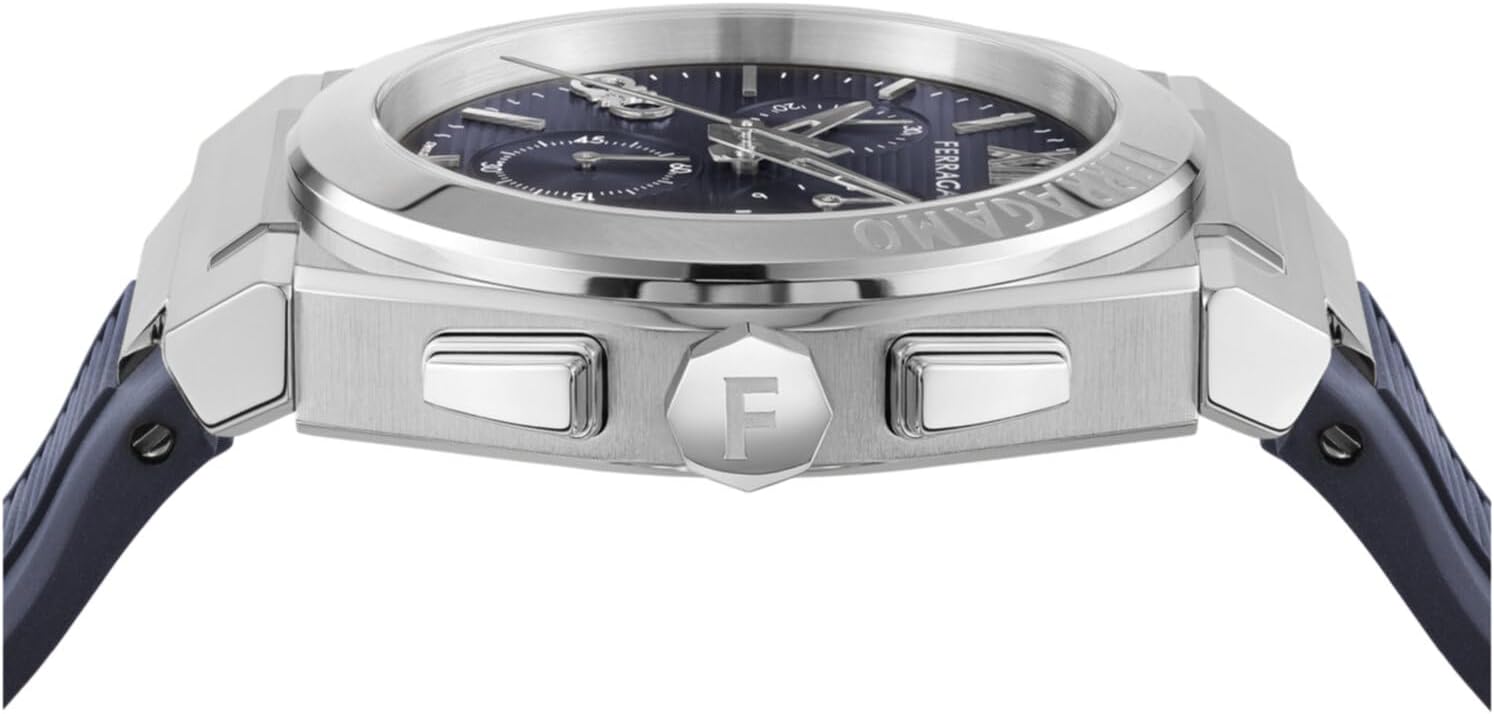Ferragamo Vega Chrono Collection Luxury Mens Watch Timepieces with a Blue Strap and Dial Featuring a Stainless Steel Case