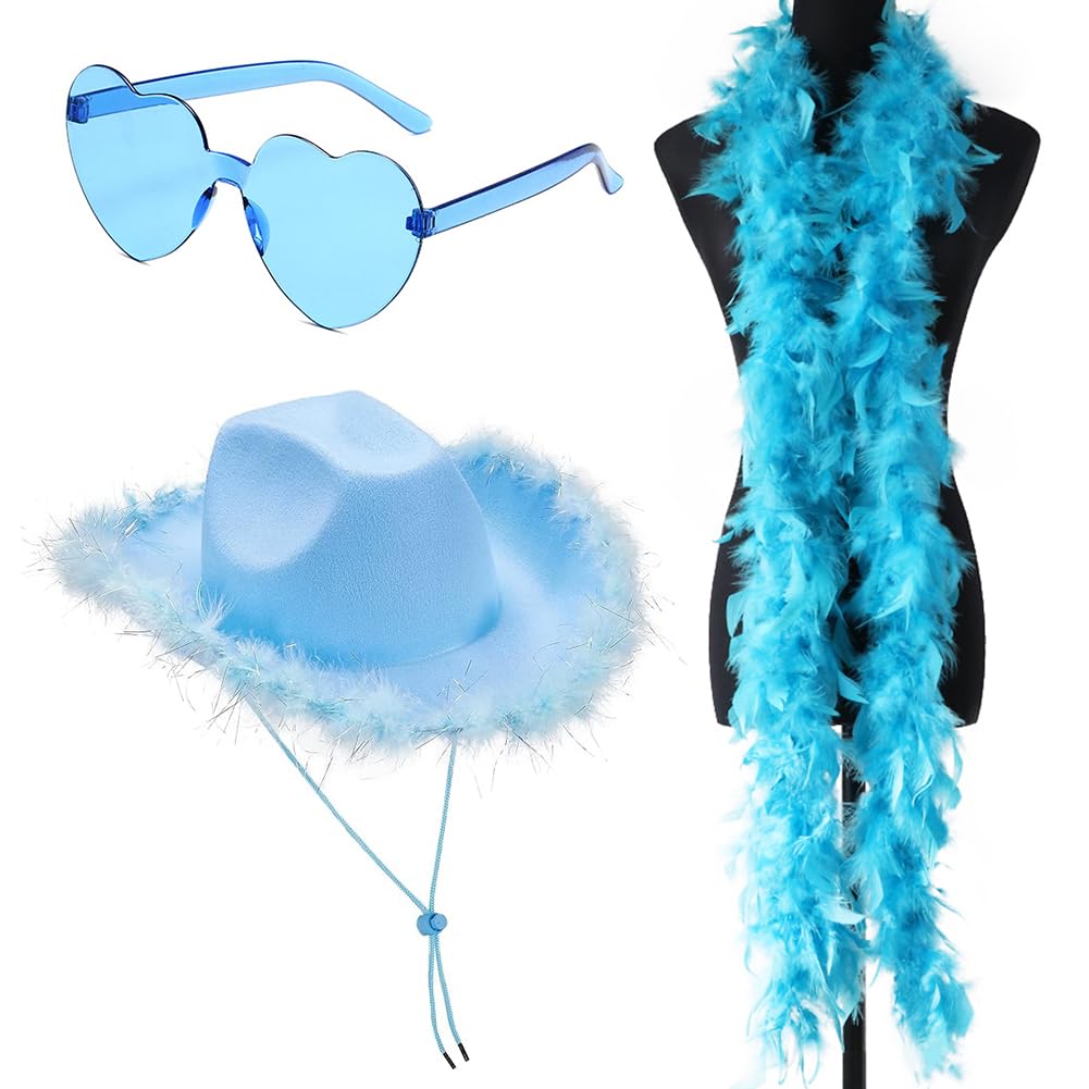 FCXVXCL Cowboy Hat, 3PCS Cowgirl Hat with Heart Glasses Feather Trim Wide Brim Women Cowboy Costume Accessory Cowgirl Hats for Costume Party Play Dress Up Cosplay Bachelorette Party (Blue)