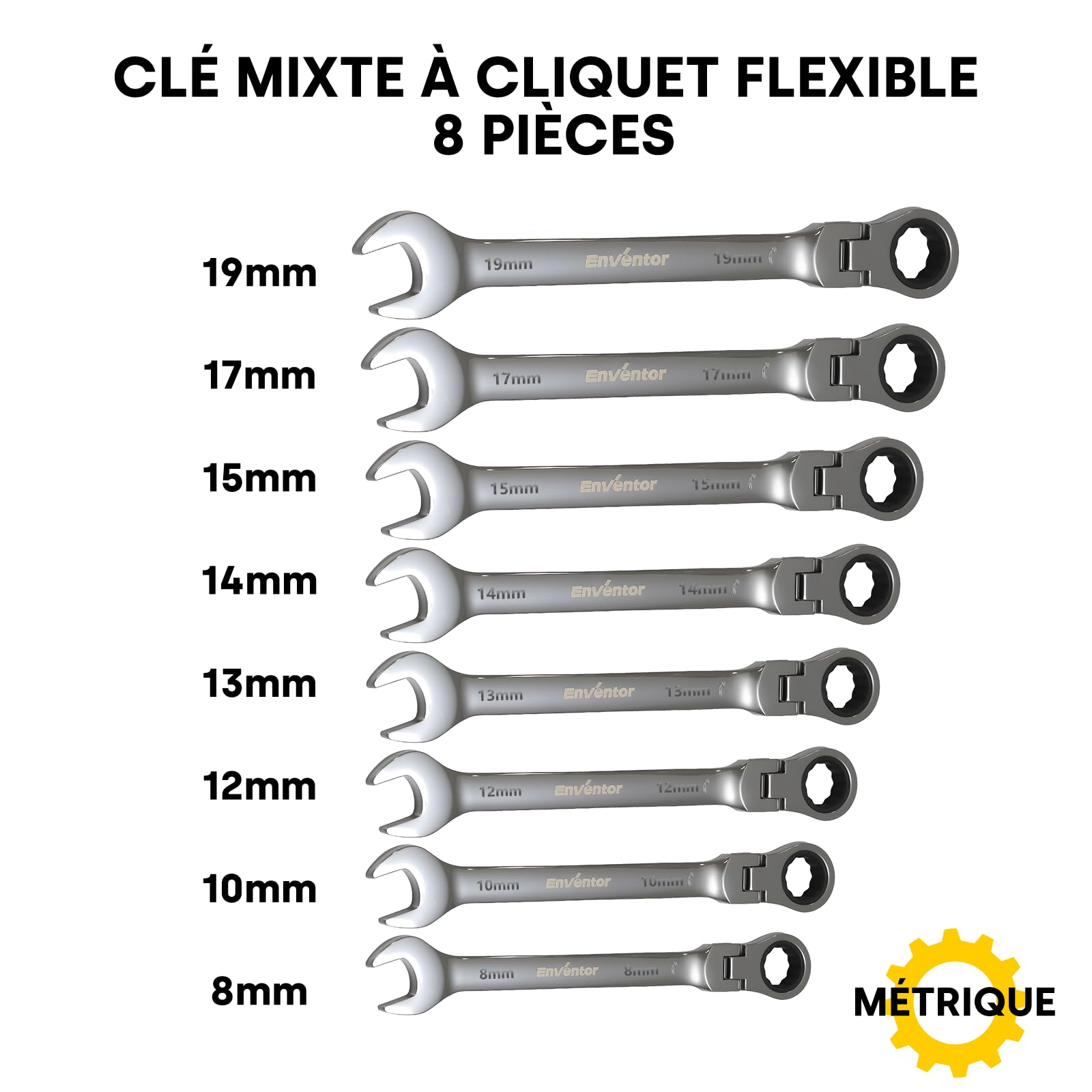 Enventor Jeu de 8Pcs Clé Plate à Cliquet, Tête flexible à 180°, 72 dents, Rangées dans une pochette de rangement, Acier au Chrome Vanadium, Métrique 8-19 mm, Pour réparations électriques
