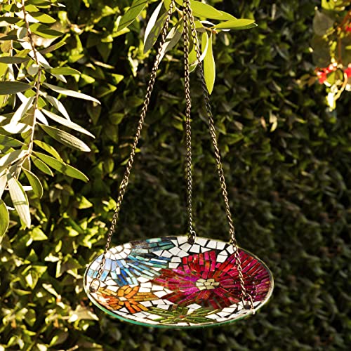 Alpine Corporation Hmd214 Alpine 10" Round Glass Mosaic Floral Hanging, Multicolor Birdbath #TOP1