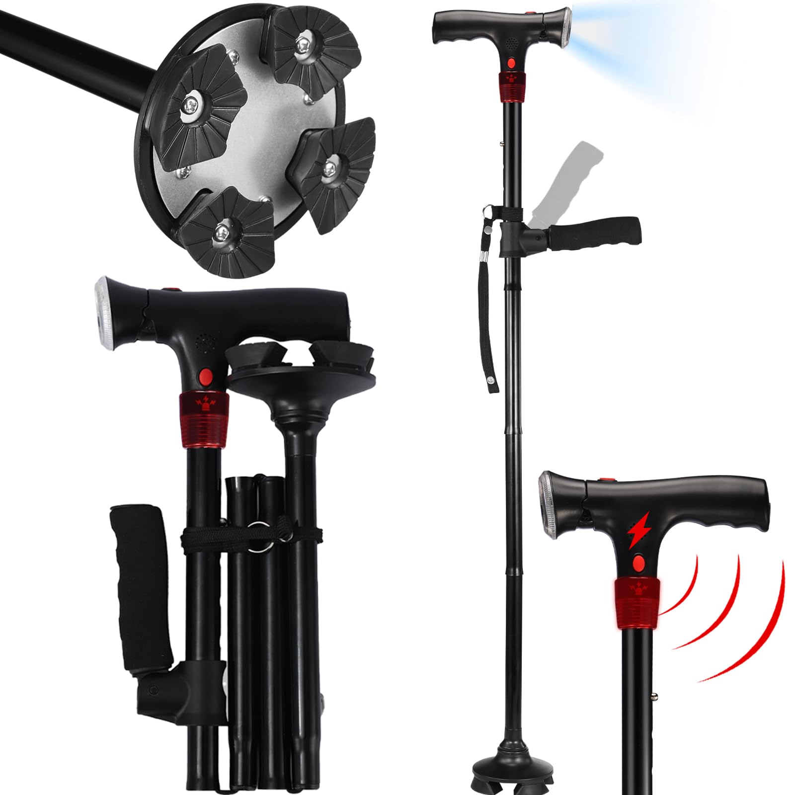 Bastón para hombres y mujeres con alarma, luz LED y mango plegable, plegable, ajustable, ligero, sin pie, para personas mayores y adultos