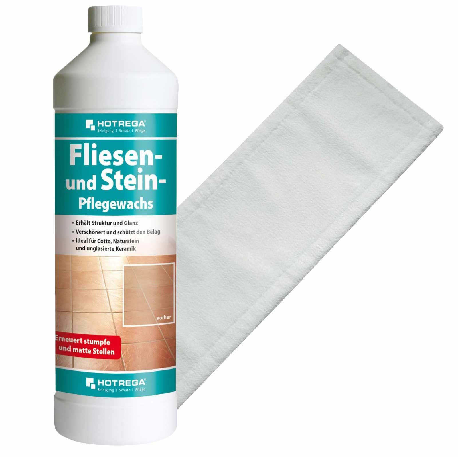 HOTREGA Pflegewachs Konzentrat für Fliesen & Stein 1 Liter | Glanzauffrischung von Naturstein Cotto Keramik | inkl. Microfasermopp 40cm