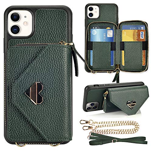 iPhone 11 Wallet Case 6.1 inch, JLFCH iPhone 11 Crossbody Case with Card Holder Wrist Strap Purse Chain Zipper Cover for iPhone 11 6.1 inch, Midnight Green