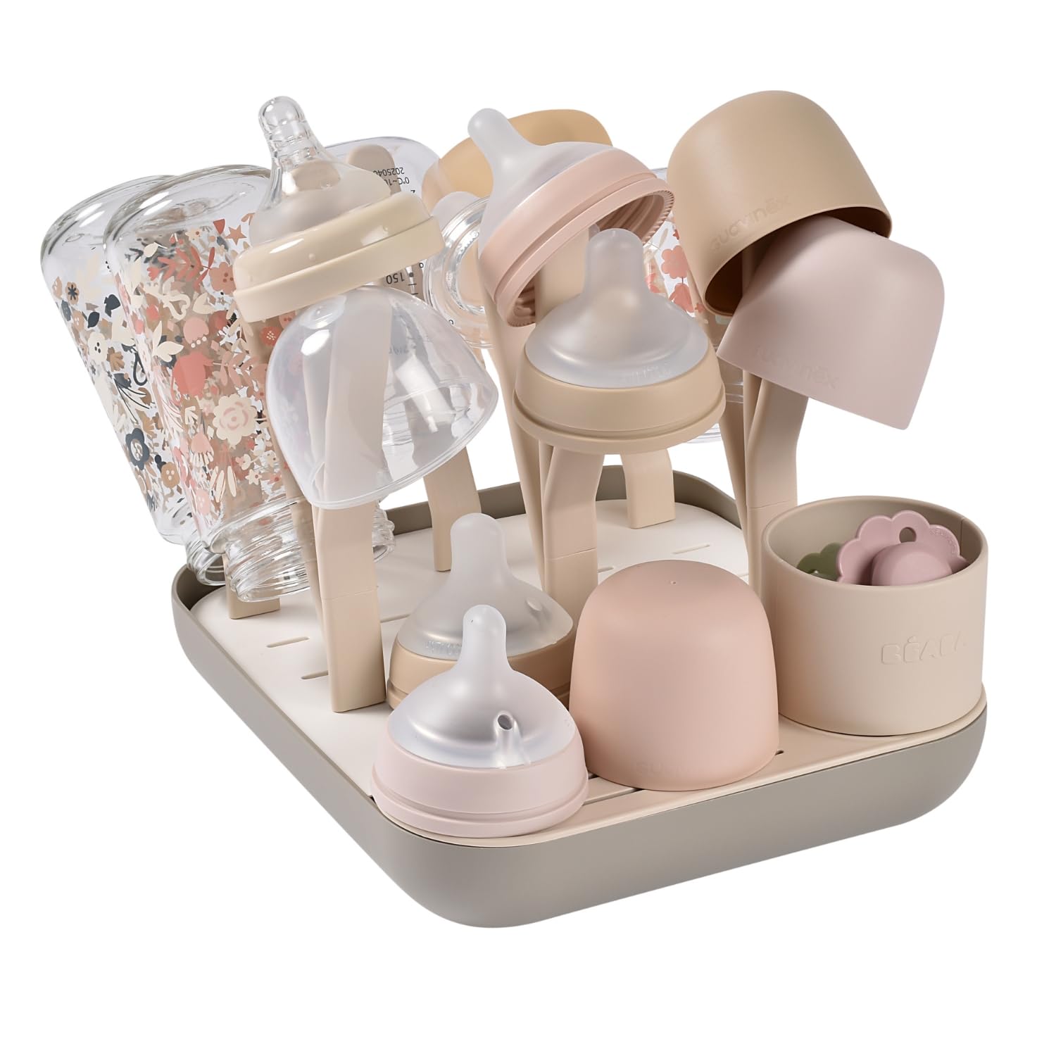BÉABA, Escurridor y secador de biberones, gran capacidad, fabricado en España, modulable, hasta 6 biberones y vajilla para niños, recipiente para accesorios, fácil de guardar, compacto, Aarcilla.