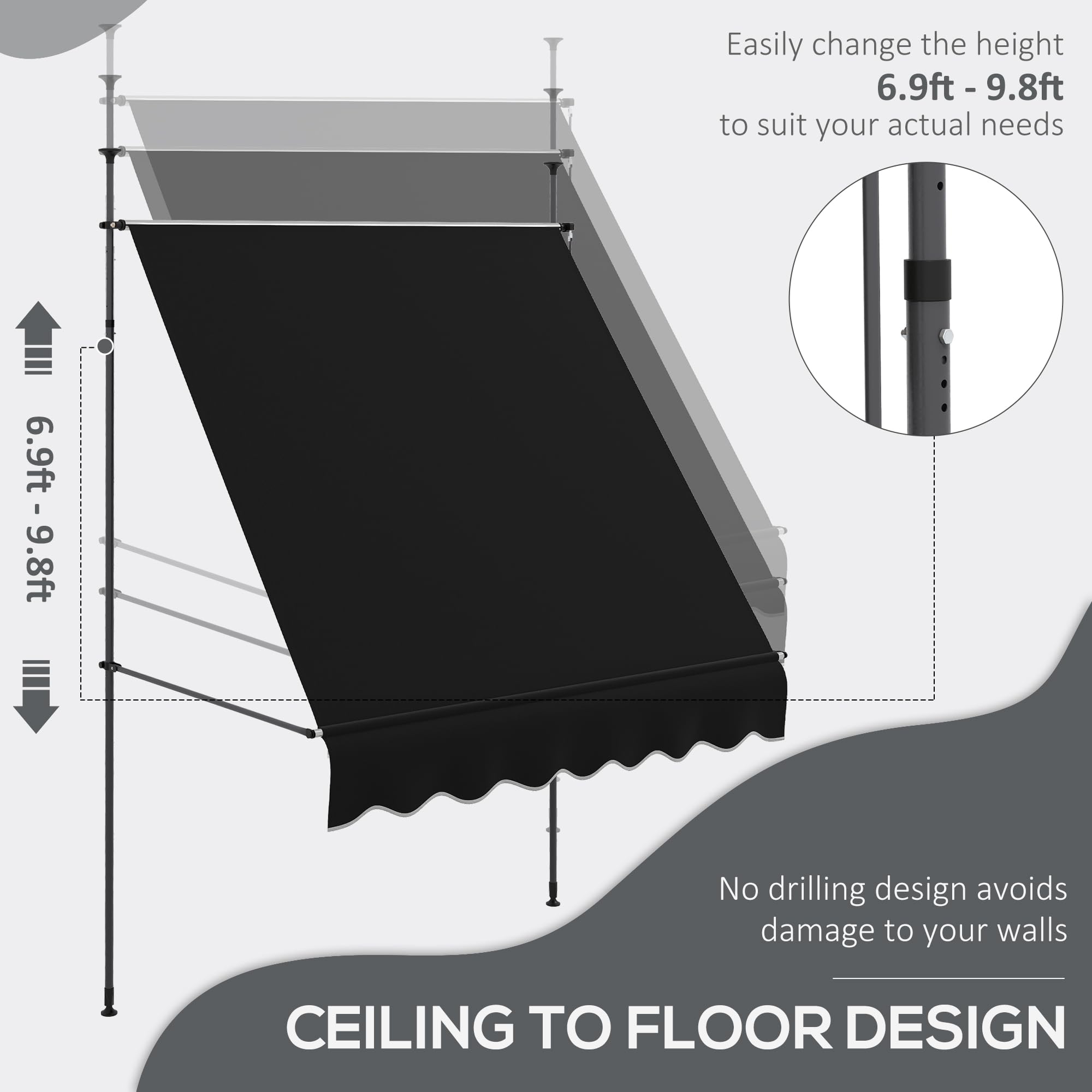 Toldo retráctil manual, 79 pulgadas, sin tornillos, para patio, con soporte de poste de soporte y tela resistente a los rayos UV para ventana, puerta, porche, cubierta, color negro 3