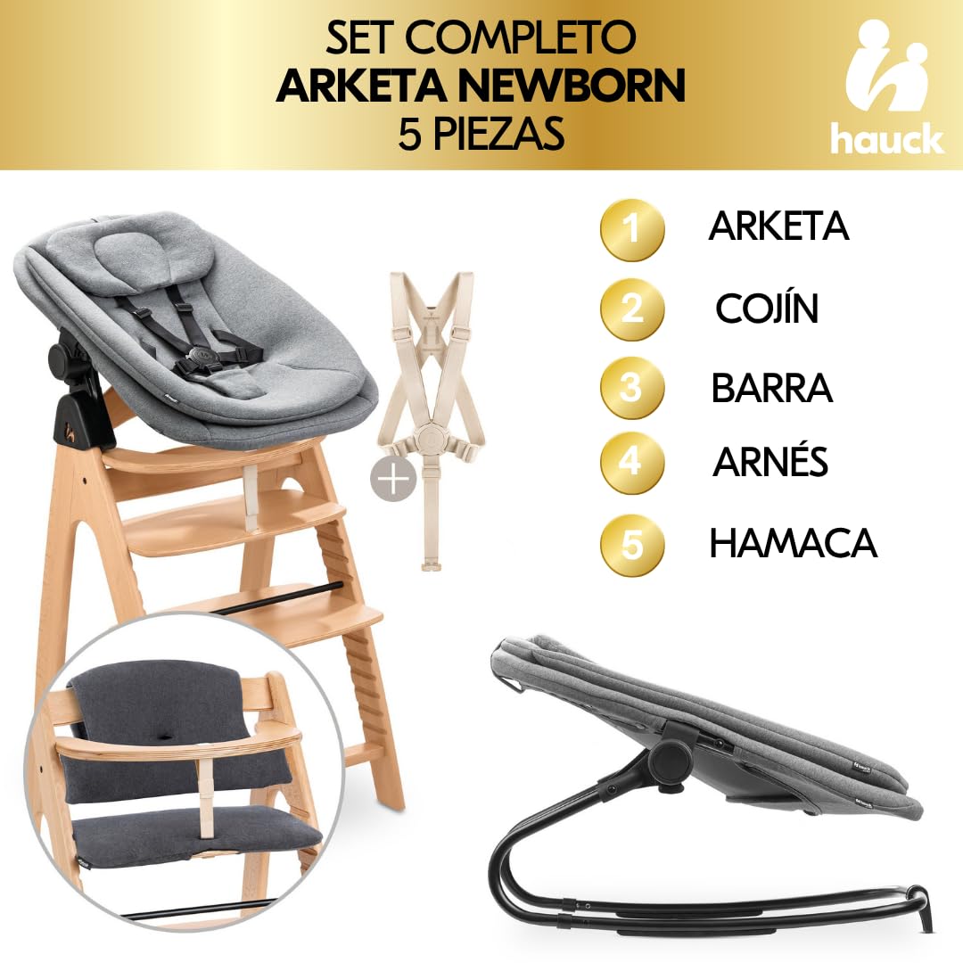 hauck Arketa Newborn Set de Trona de Madera de Haya Europea – Tronas Evolutivas Aptas desde el Nacimiento del Bebé con Accesorios - Hamaca para Recién Nacido y Cojín Incluido - Haya