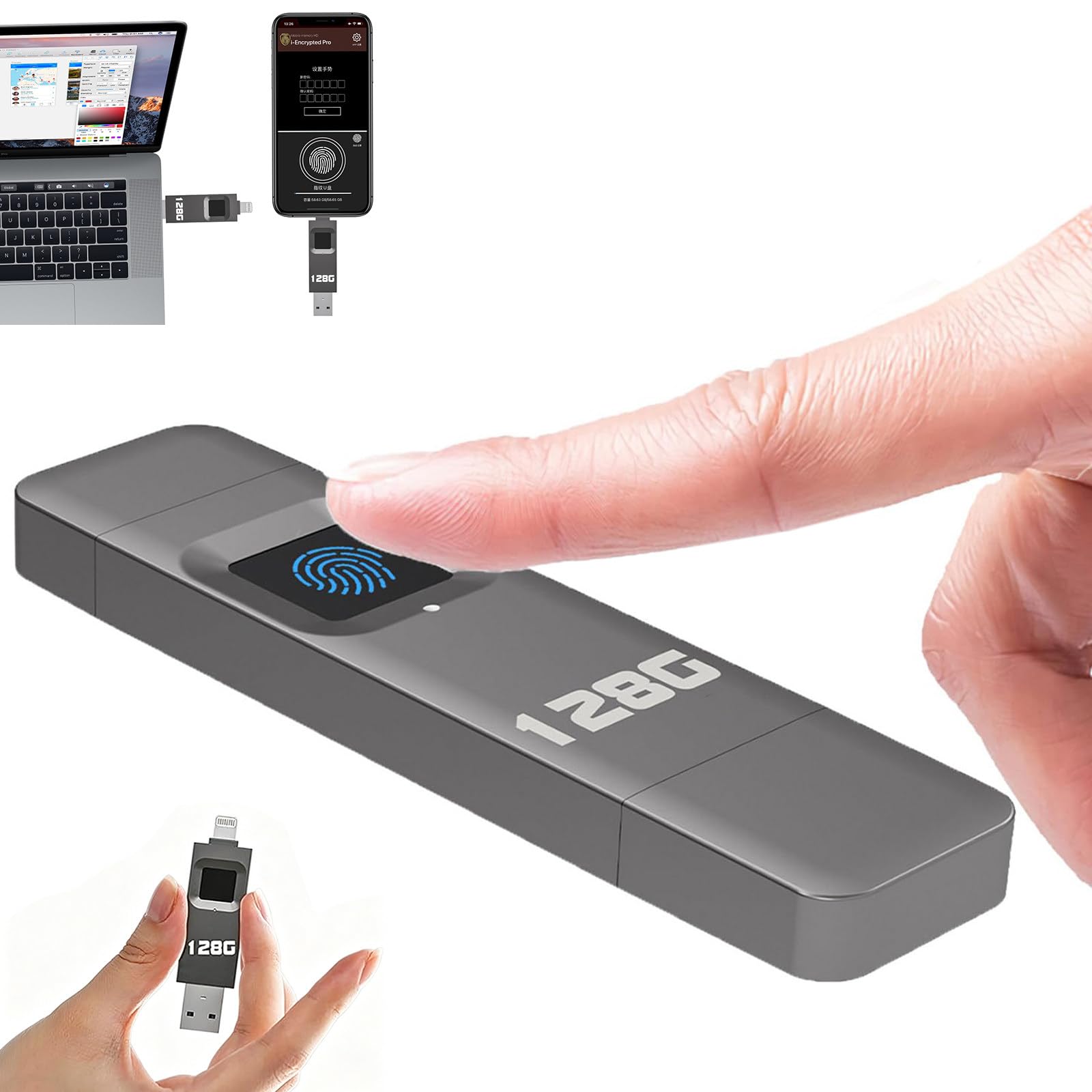 Chiavetta USB Da 64GB/128GB/256GB/512GB, Con Crittografia Tramite Impronta Digitale, Trasferimento Ad Altissima Velocità Di 29 Mb/S, Interfaccia Ligh-tning + USB, Supporta 60 Impronte Digitali 128GB
