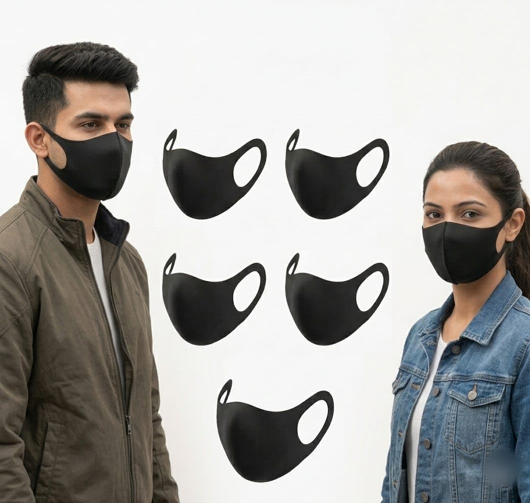 Black Face Mask Pack of 5 Reusable Washable | UV Sun & Pollution Protection | Unisex for Men & Women-image-17