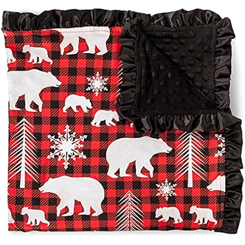 Top Tots Baby Blanket - Bear Cubs & Snowflakes with Minky Dot & Satin Ruffle, 31 x 31 Inch Red & Black Plaid Cover