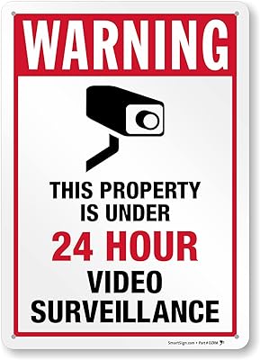 SmartSign 14 x 10 inch “Warning - Property Under 24 Hour Video Surveillance†Metal Sign with Camera Symbol, 40 mil Laminated Rustproof Aluminum, Red, Black and White