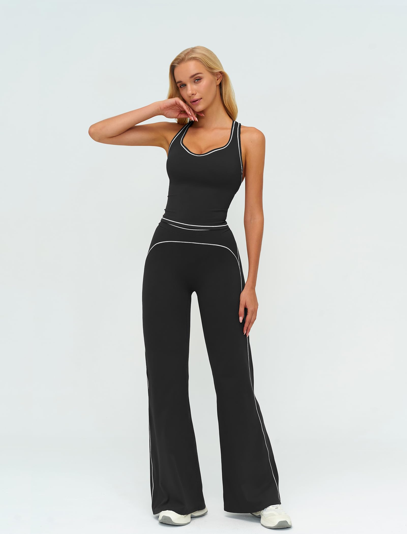IDOPIP Sport-Set Damen Zweiteiler: Gym Set mit Tanktop Racerback Yogahose mit geradem Bein - Sportanzug für Fitness Yoga Pilates Workout