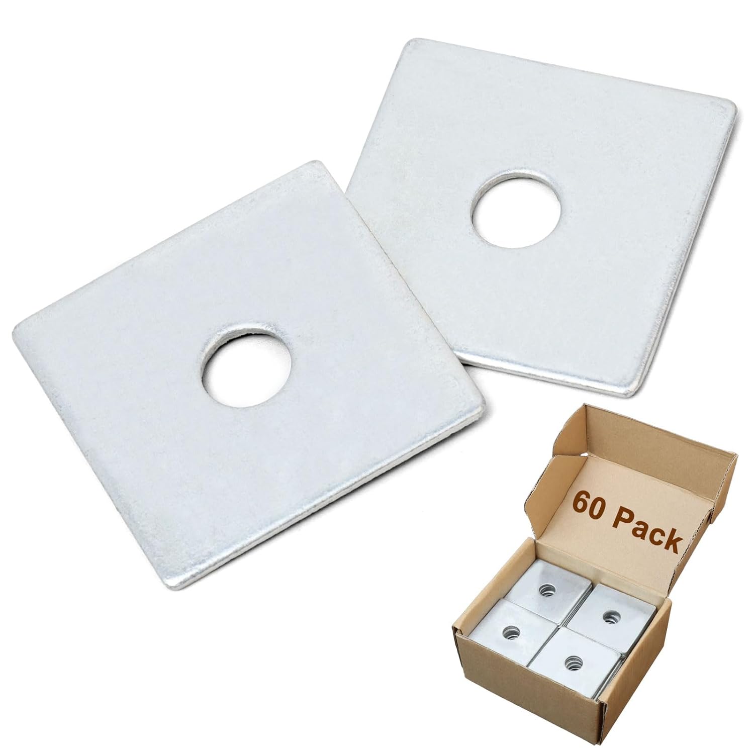 Square Washers, 60 Pack Fits 3/8" Bolts, 2" × 2" Galvanized Washers