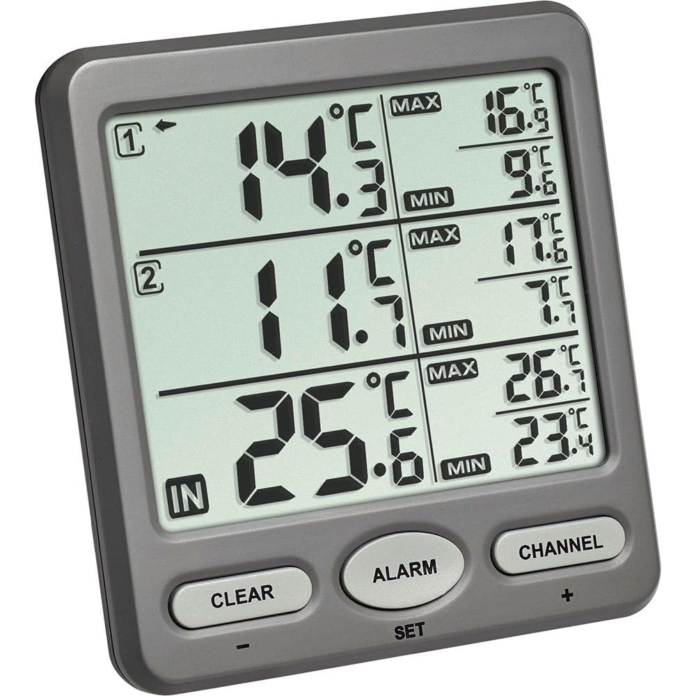 TFA Dostmann Termometro radio Trio – Stazione base + 2 trasmettitori (con sensore cavo impermeabile), 30.3062.10, portata 100 m, allarme temperatura e min/max – per frigorifero, acquario, piscina