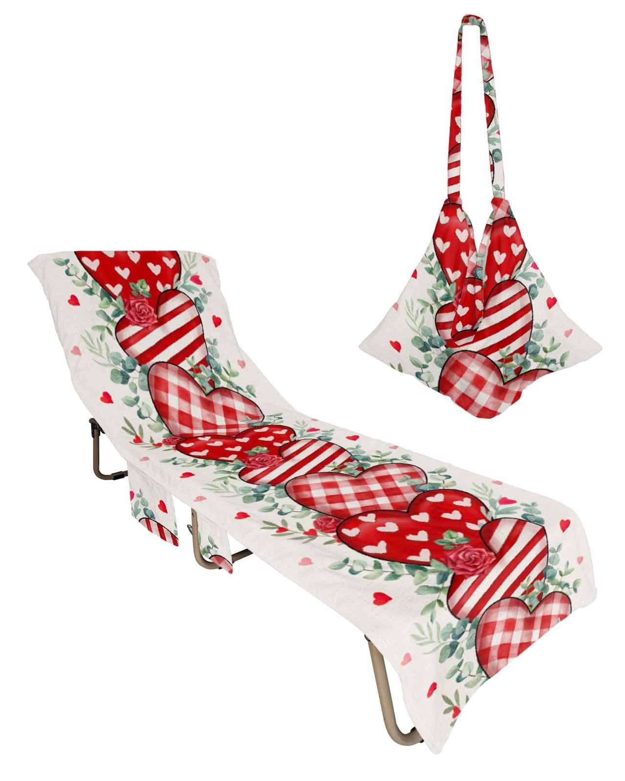 Valentine's Love Beach Chair Towel Covers for Chaise Lounge with Side Pocket, Soft Plush Pool Towels Cover for Patio Sunbathing Outdoor 29''x85'' Vintage Eucalyptus Leaves Plaid Dot Rose