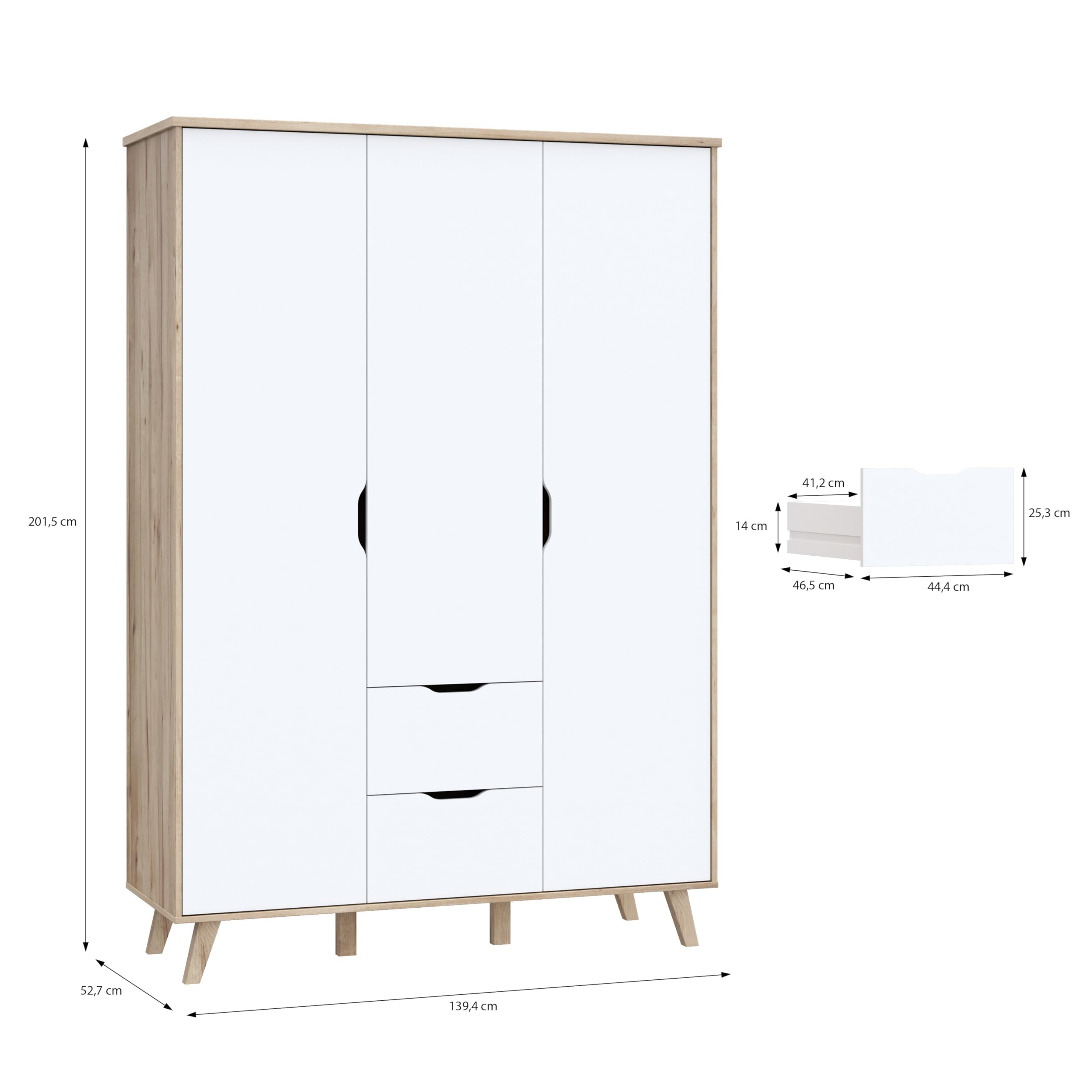 FORTE VANKKA Schrank 140, Kleiderschrank 2 Schubladen, Drehtürenschrank Skandinavisch, Schlafzimmerschrank Kinderzimmerschrank 3-türig Planked Eiche/Weiß, 139 cm breit x 201.5 cm hoch x 53 cm tief