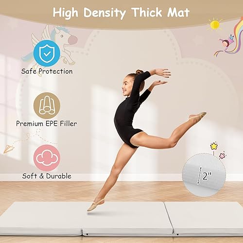 Miniatura 29 de Giantex Colchoneta de gimnasia de 6 x 2 pies, tapete plegable de 2 pulgadas de grosor con cierre de gancho y bucle, tapete de gimnasio plegable