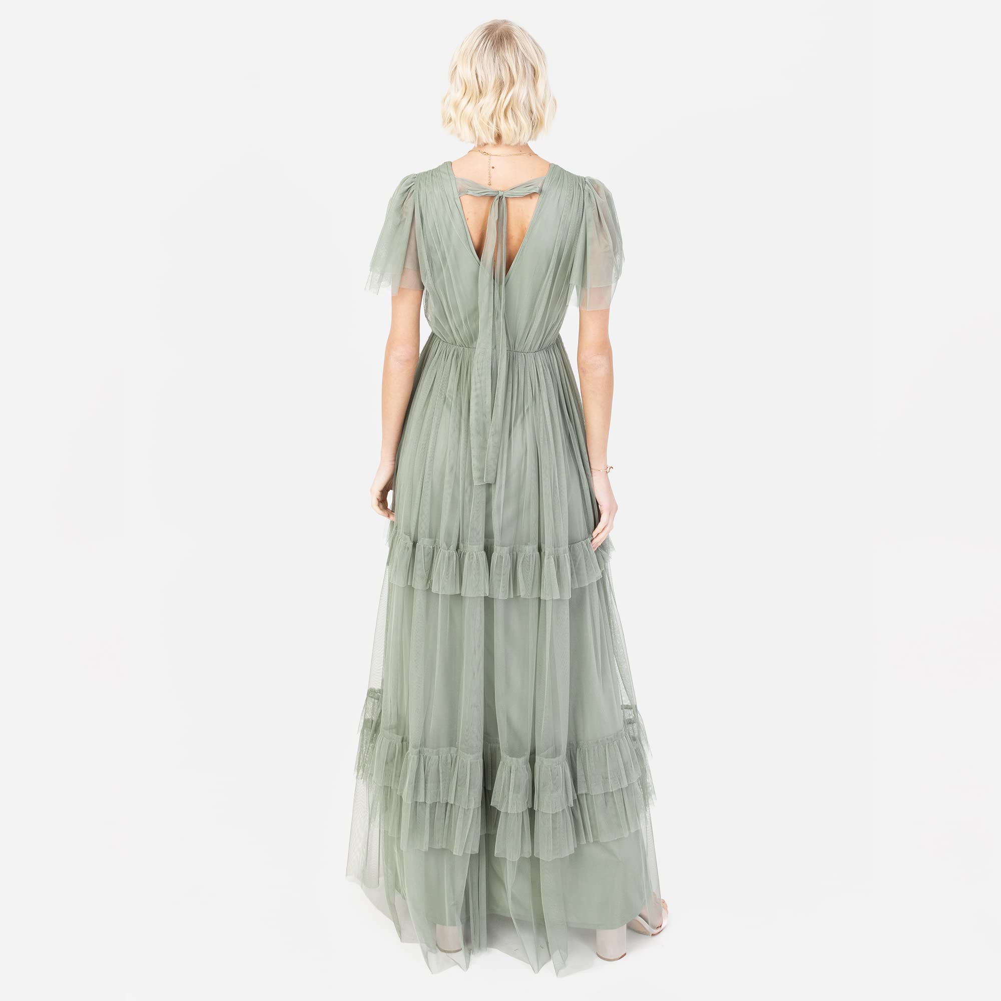 Ladies Maxi Dress for Women Short Sleeve Evening Ball Gown Tiered V Neck Bow Tie Bridesmaid Wedding Guest Prom Long Kleid
