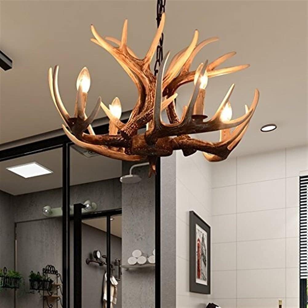 FSunKoFu Deer Antler Chandelier Rustic Resin Farmhouse Candle Style Retro Nostalgia Led Lights Clothing Store Creative Personality