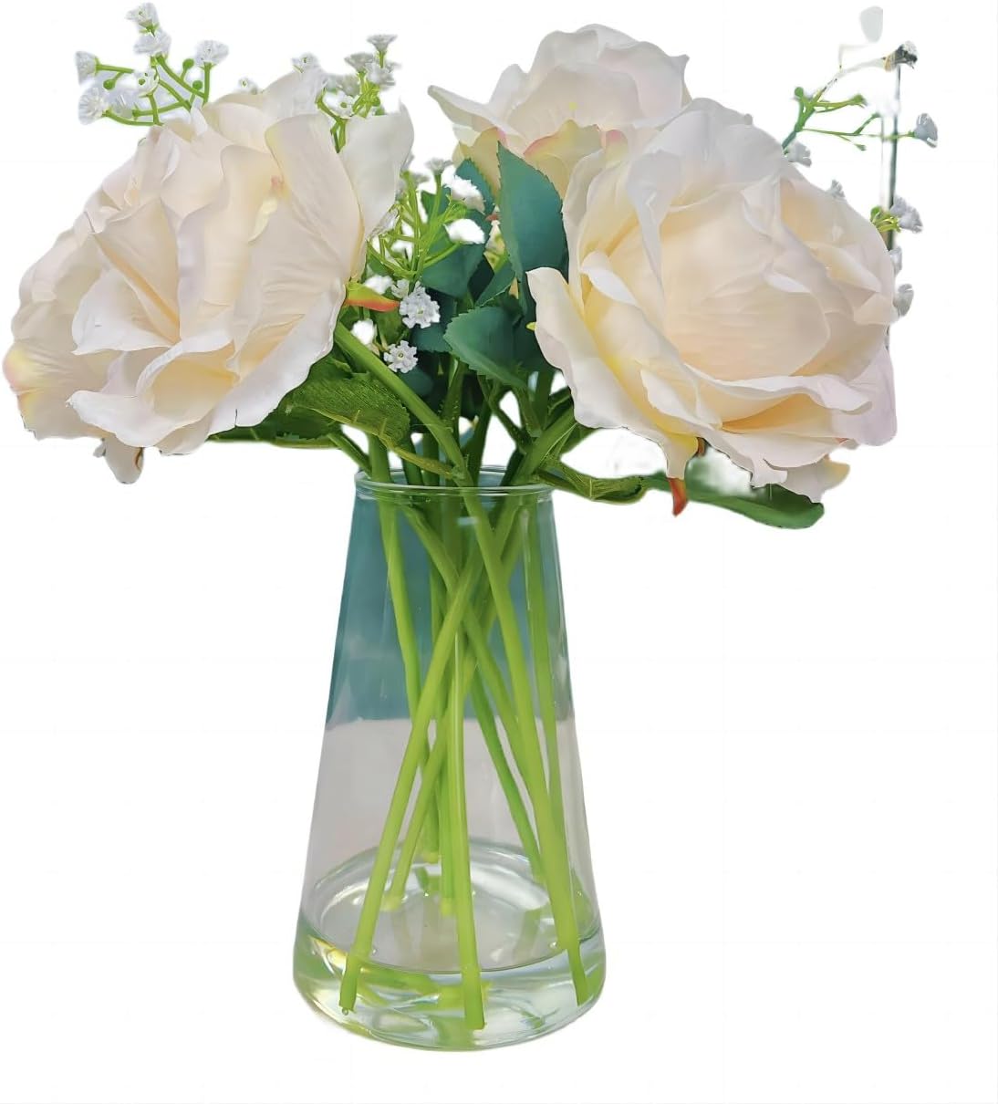LovFove Fake Flowers in Vase, 6 Silk Roses Artificial Flowers,150 Baby Breath Flowers Artificialbulk, for Dining Tables Wedding Bouquets Bridal Shower Party Home Kitchens Decorations(White)