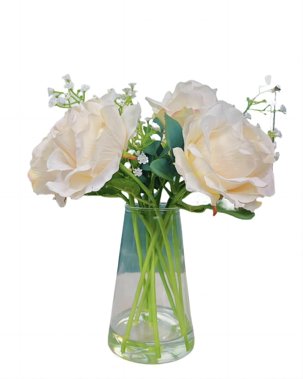 LovFove Fake Flowers in Vase, 6 Silk Roses Artificial Flowers,150 Baby Breath Flowers Artificialbulk, for Dining Tables Wedding Bouquets Bridal Shower Party Home Kitchens Decorations(White)