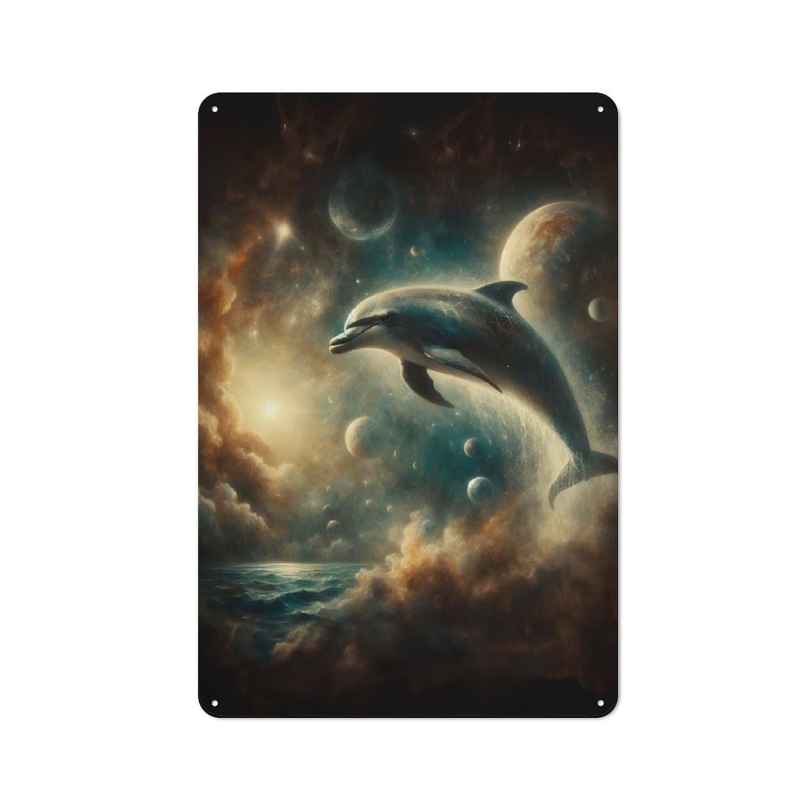 Junmoney Style-19 Industrial Tin Wall Sign 30X20cm Featuring Dolphin In Space, Urban Room Decor For Workspace, Cafe, Hallway Or Garage