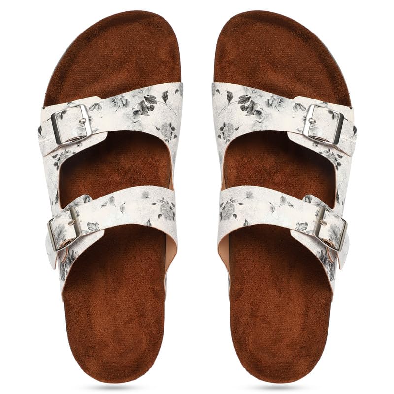 MOZAFIA Synthetic Leather Comfortable Stylish with Open-Toe Casual Compass White Floral Printed Flat Sandals for Womens (B0CQD1V8BF) Amazon Price History, Amazon Price Tracker