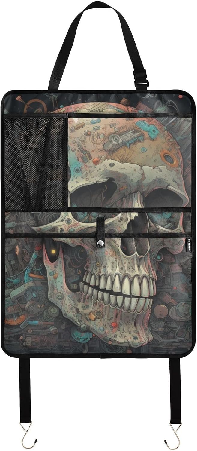 Car Seat Back Protector Cyber Skull Print, Backseat Organizer with Pockets for Tablet Bottle Tissue Book, Auto Kick Mats 25x18 IN 2 Pack