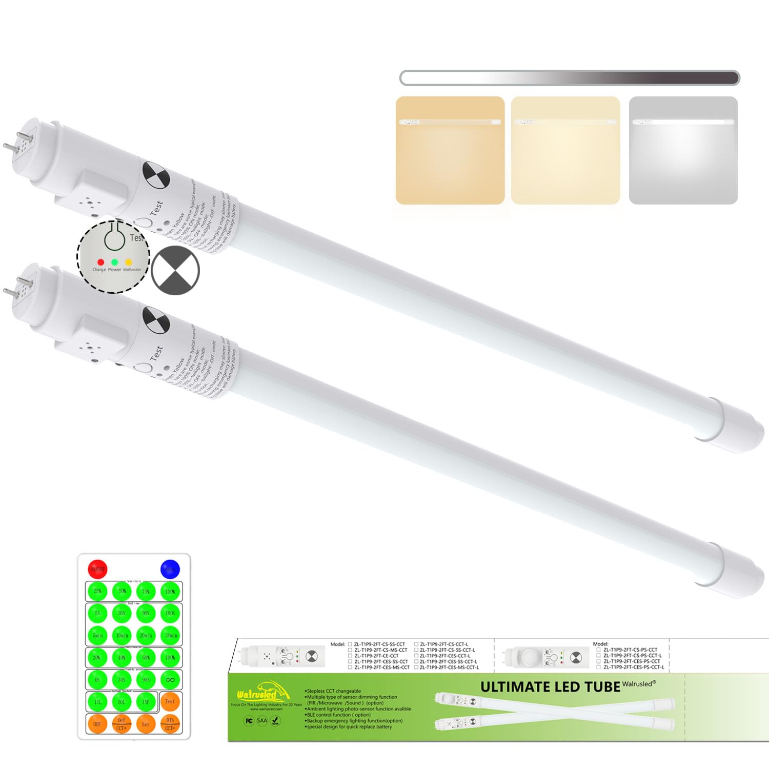 T8 LED Emergency Tube Light 2FT with Battery Backup,Remote,Dimmable,IP4X,CCT,10W,Fluorescent Tube Replacement 2 Foot,120min Emergency 3W 300LM Output Lighting,Ballast Bypass,Double Ended,Type B,2-Pack