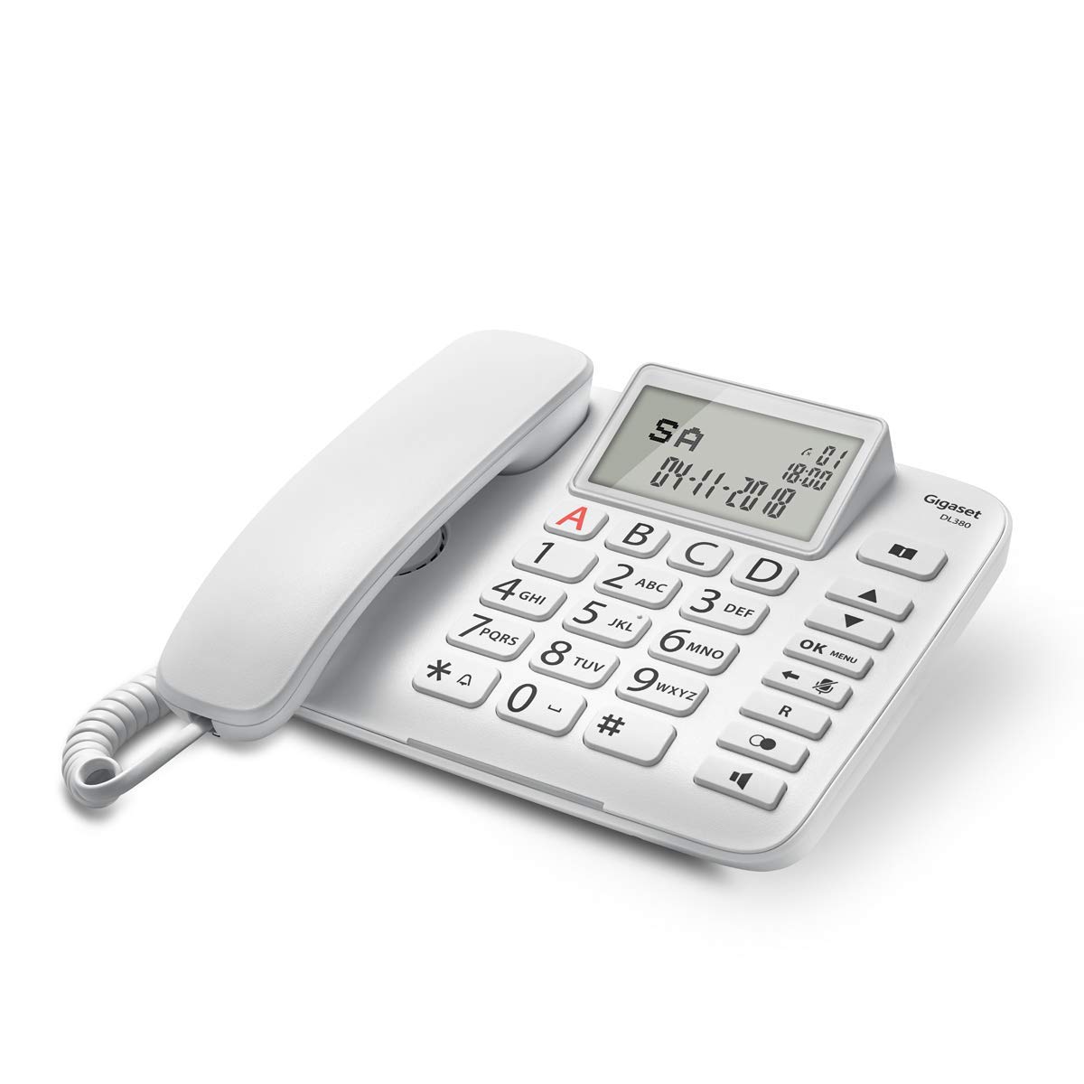 Gigaset DL380. Teléfono fijo con cable, Pantalla de alta visibilidad, Teclas grandes, Agenda para 99 contactos, Color Blanco