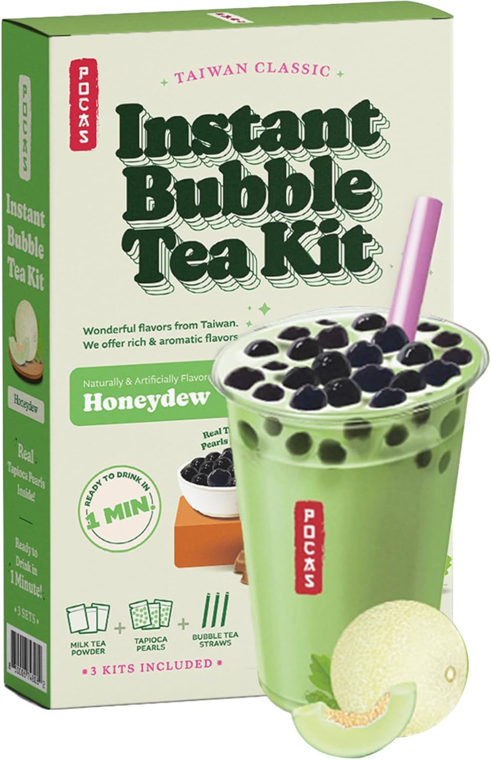 Pocas Bubble Tea Kit, Honeydew – Milk Tea Powder with Tapioca Pearls, Boba Straws, 3 Kits