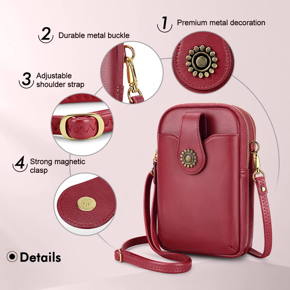 Peacocktion Crossbody Cell Phone Purse, Small Cross Body Bags for Women with Credit Card Slots, Wine Red