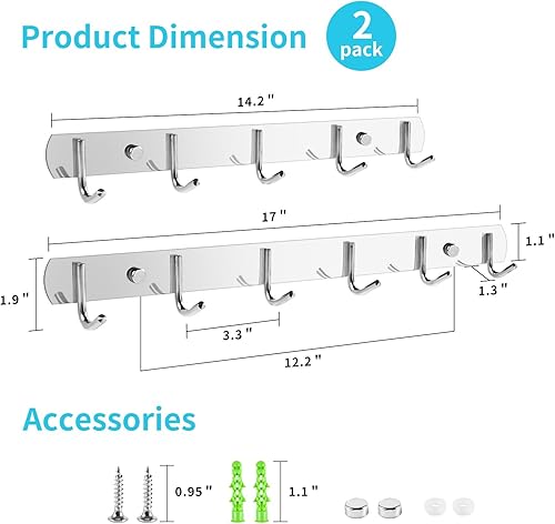 Miniatura 5 de Perchero montado en la pared, 5 ganchos para colgar abrigos, montaje en pared, perchero de acero inoxidable de alta calidad, perchero montado