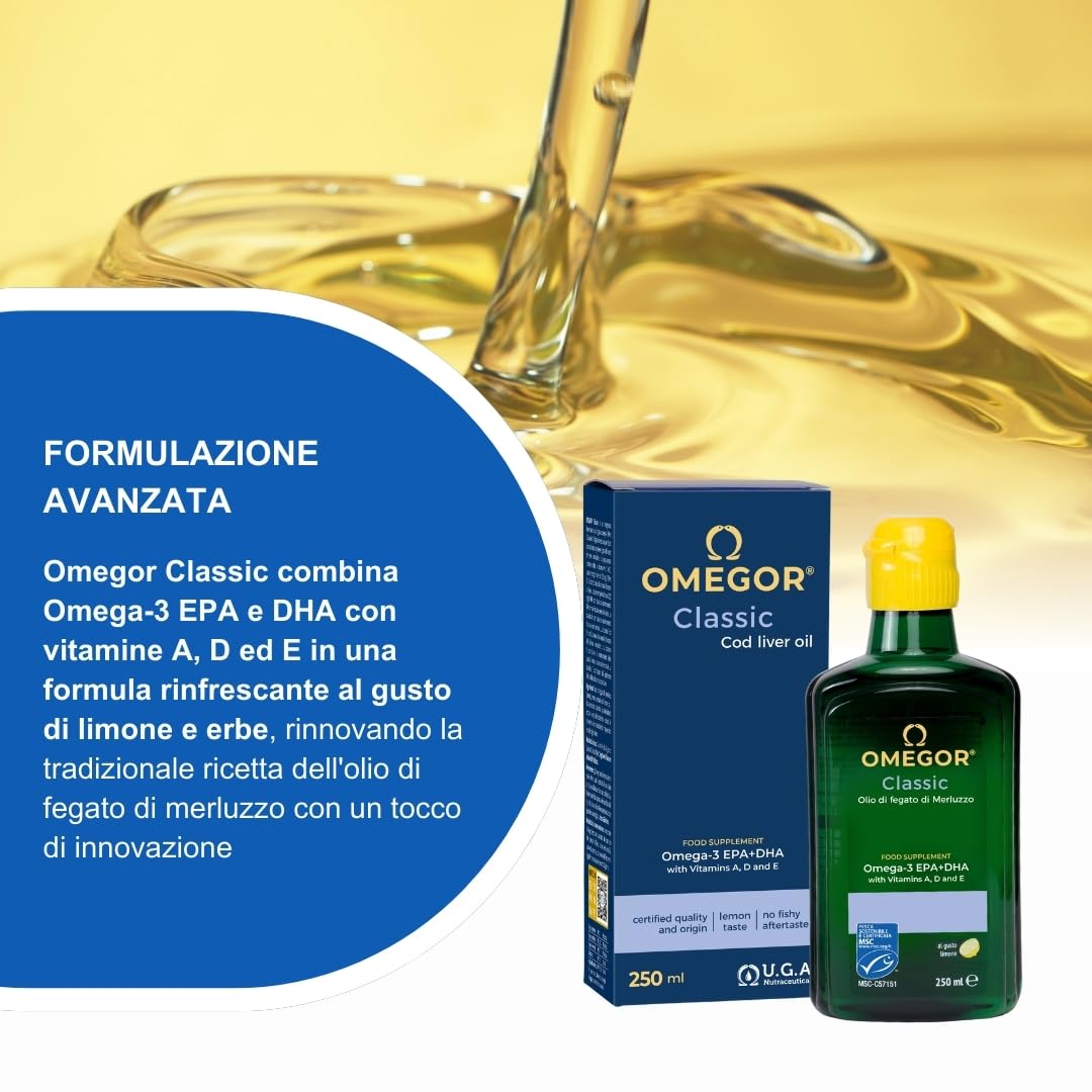 Olio di Fegato di Merluzzo Liquido OMEGOR Classic 250ml - Senza Retrogusto di Pesce - Omega 3 Liquido 1000mg con Vitamine A, D, E - 540mg DHA 360mg EPA