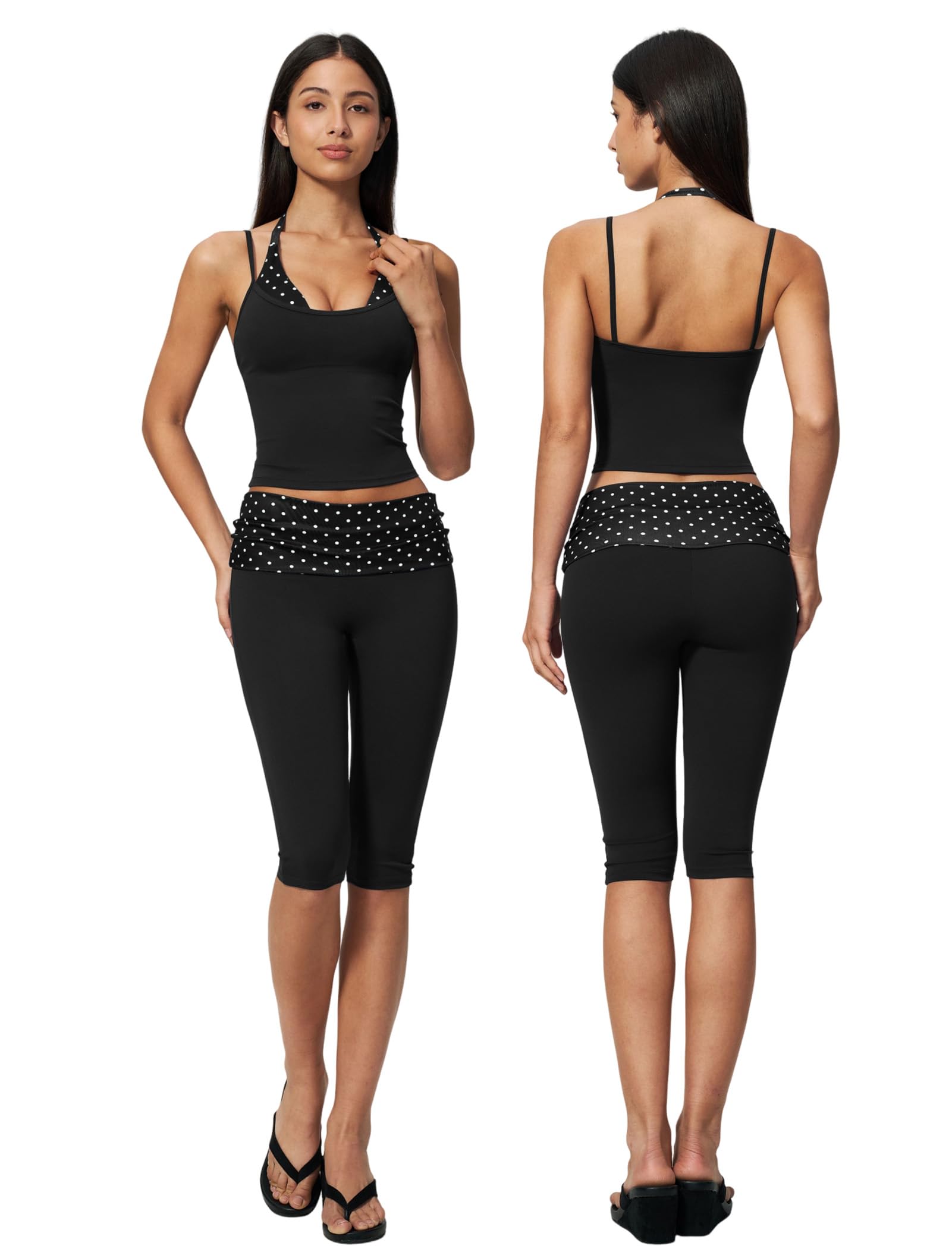 View 1 of 2 Piece Workout Sets for Women Polka Dots Halter Tank Tops Matching High Waist Tummy Control Capri Pants Womens Two Piece Athletic Set Spaghetti Strap Gym Wear Active Yoga Pilates Outfits Black S